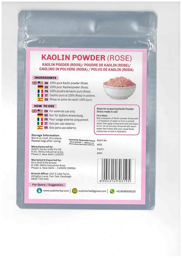 SVATV Kaolin Clay Rose Natural For Face Mask Herbal Skin Face Powder Makeup, Bath Bomb Clay, DYI Spa Mud Mask For Face & Hair & Soap Making For Men & Women 227g, Half Pound