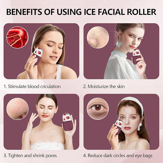 Ice Roller for Face and Eye, Silicone Ice Facial Roller Ice Holder, Face Ice Mold Skin Care, Face Icers Reusable Ice Cube Roller for Shrink Pores Anti Wrinkle Reduce Puffiness, Rose
