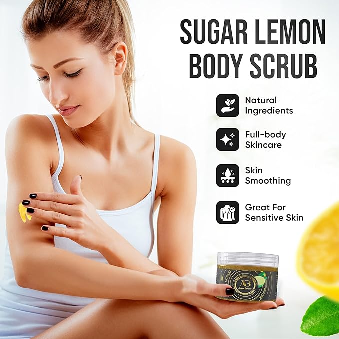Amira Beauty Lemon Sugar Body Scrub Exfoliating Ultra Hydrating Moisturizing Scrub - Fights Cellulite & Stretch Marks (14oz)