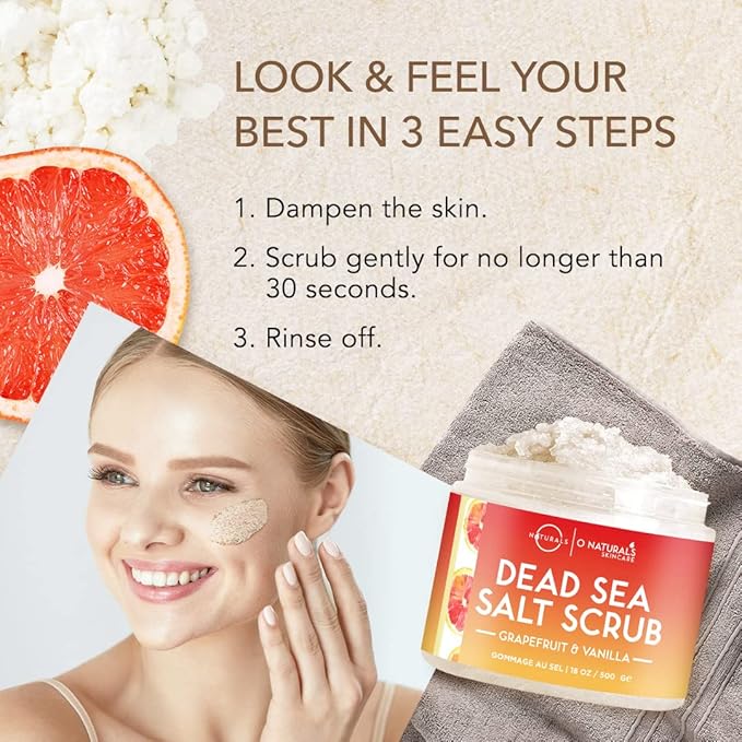 O Naturals Exfoliating Dead Sea Salt Grapefruit Essential Oil Face Body & Foot Scrub. w/Vanilla &. Hydrating Exfoliate Dead Skin, Men & Women Scrub 18oz