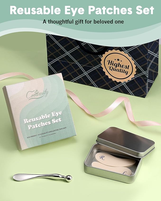 Reusable Eye Patches, Silicone Under Eye Patches with Lifting Effect to Reduce Wrinkles and Fine Lines, Pair with Metal Eye Cream Applicator,Tin Case