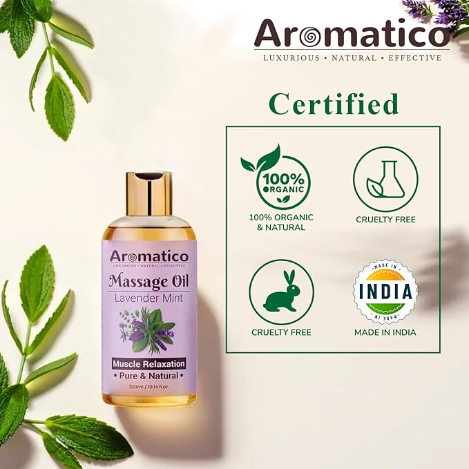 AROMATICO Soothing Massage Oil with Lavender & Peppermint Essential Oils. Natural Power of Sesame, Almond & Jojoba Oils. Non-Sticky Formula with Safe & Natural Ingredients – 10 Fl Oz
