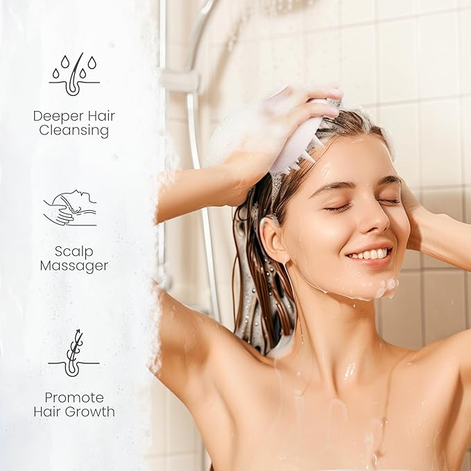 AIMIKE Scalp Massager Shampoo Brush, Silicone Bristles Scrubber/Exfoliator for Dandruff Removal & Hair Growth, Wet/Dry Hair - Beige