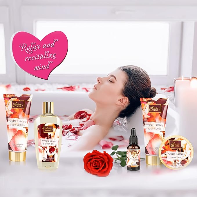 Fresh Rose Scented Spa Gift Set for Him & Her, 10-Piece Collection with Shower Gel, Bubble Bath, Body Lotion, Scrub, Salt, Bombs, Puff, Oil