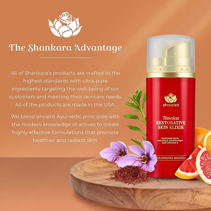 Shankara Timeless Restorative Skin Elixir - 2-in-1 Ayurvedic Anti Aging Facial Serum and Kumkumadi Face Oil with Pure Red Gold Saffron, Vitamin C, & Sandalwood - Ayurveda-Inspired Skincare