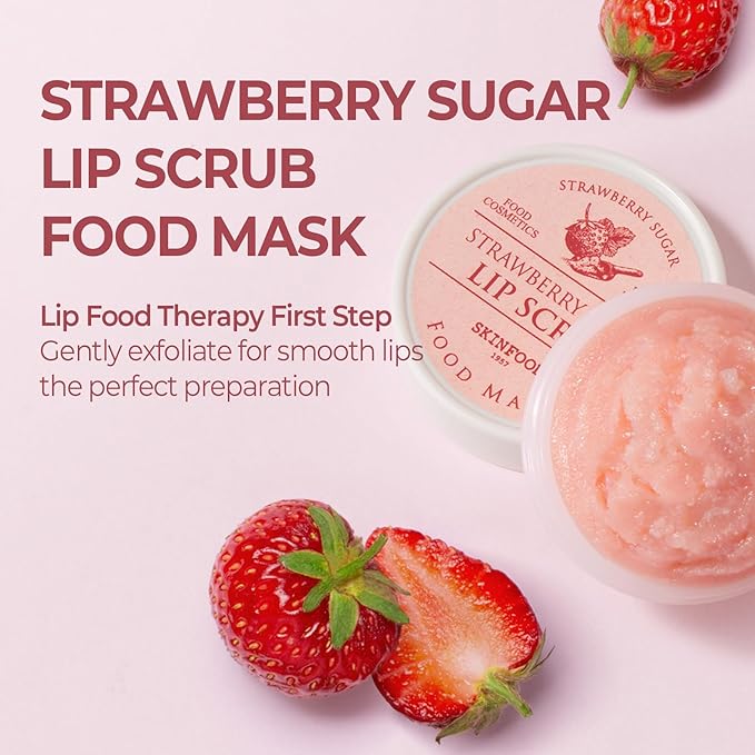 SKINFOOD Strawberry Sugar Lip Scrub Mask, Exfoliating Lip Care, Hydrating Korean Lip Product for Soft & Smooth Lips, Deep Nourishment Mild Sugar Scrub Vegan (0.71 fl. Oz.)