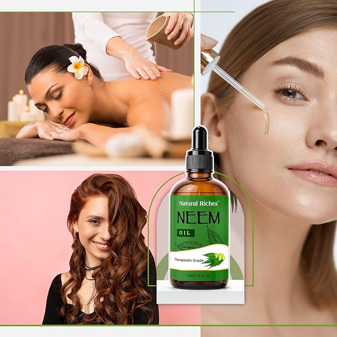 Natural Riches Neem Oil for Skin Care Cold Pressed, 100% Pure. Great for Hair Care, Skin, Nails, Acne Anti-Aging Moisturizer - You can also use it on plants. 4 fl. oz.