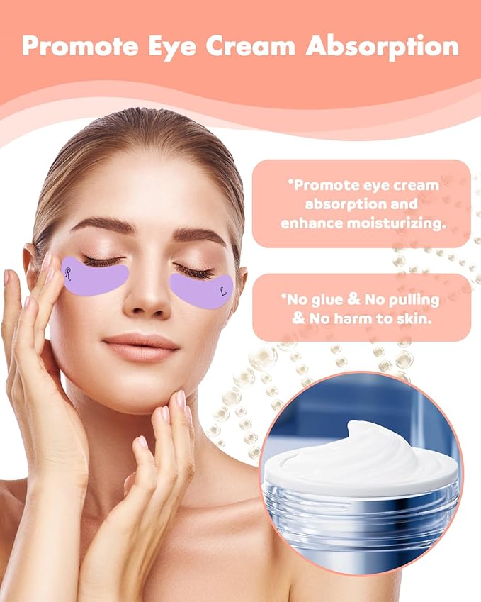 4 Pairs Reusable Under Eye Wrinkle Patches Silicone Mask, Plump Fine Lines & Wrinkles, with Metal Eye Cream Applicator, Tin Case, Cream&Purple