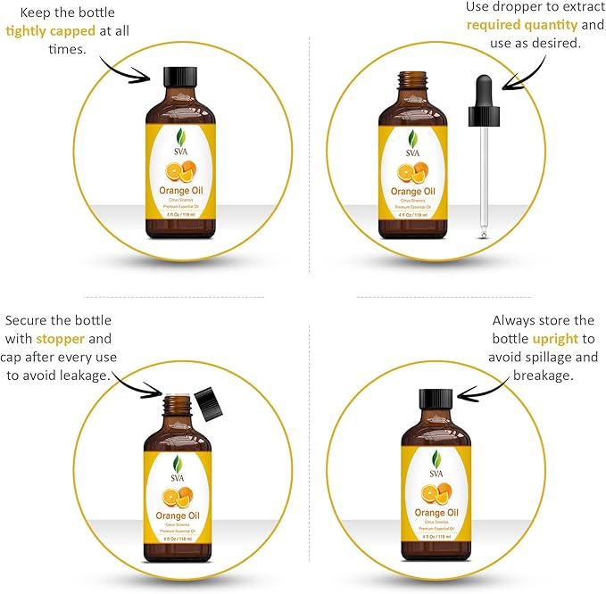 SVA Orange Essential Oil – 4 Fl Oz – 100% Natural Orange Oil - for Diffuser, Hair Care, Face, Skin Care, Aromatherapy, Scalp and Body Massage, Soap and Candle Making - with Dropper
