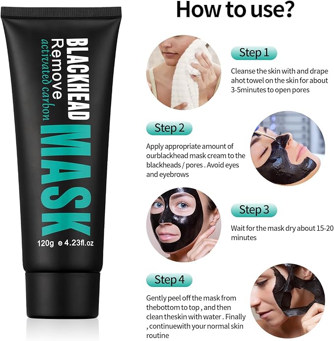 Blackhead Remover Mask, Activated Charcoal Peel Off Face Mask, Deep Cleansing Mask for Face Nose, Black Head Purifying Mask with Pimple Extractor and Brush, 120g / 4.23Fl Oz