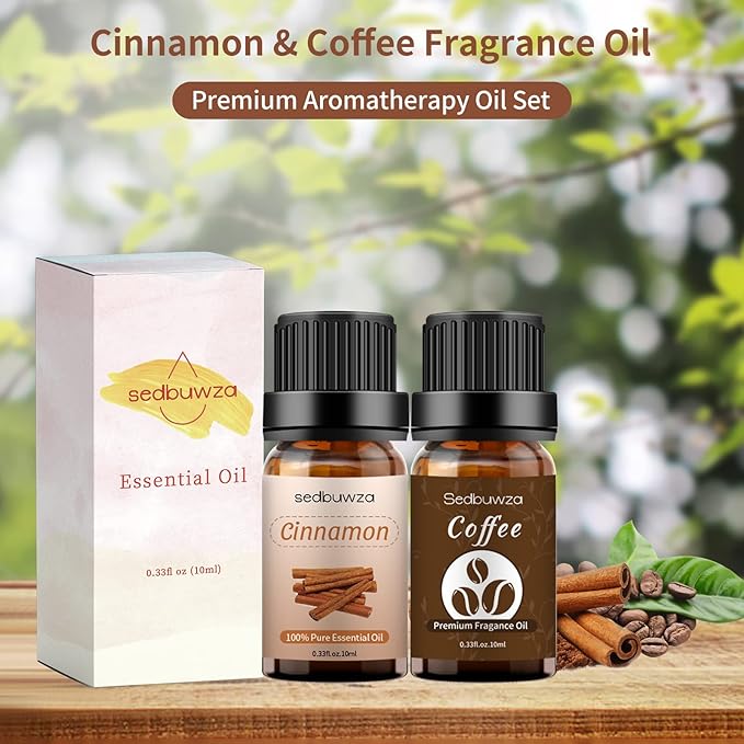 Sedbuwza Cinnamon Coffee Essential Oil Set, Cinnamon Fragrance Oil Coffee Scent Oil Set for Diffuser, Aromatherapy, Massage, Soap, Candle Making 2 x 10 ml