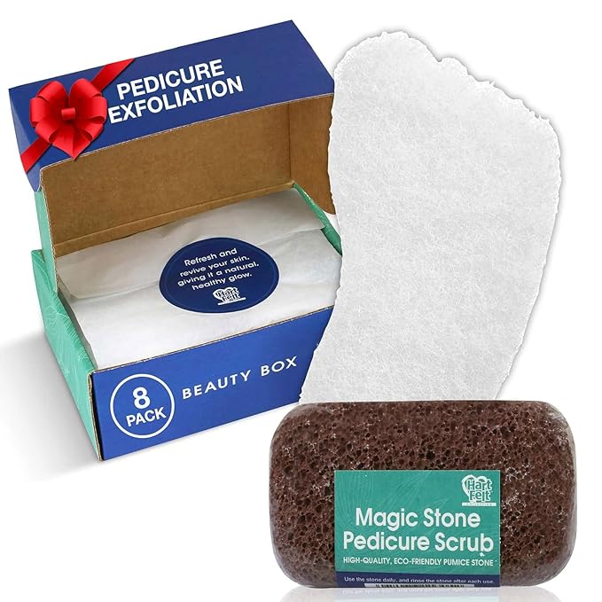 HartFelt Pedicure Exfoliation Beauty Box with 6 Exfoliating Foot Scrubber Bath Sponges & 2 Magic Pumice Stone for Feet Callus Remover | Gentle Sponge Pad & Foot Scrubbing Stone for Deep Cleansing