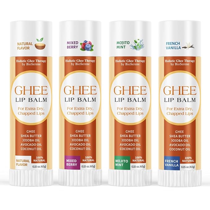 All Natural Lip Balm For Very Dry Lips | Hydrating & Moisturizing Lip Balm with Shea Butter, Ghee, Jojoba Oil, Coconut Oil | Chapped Lips & After Sun Care | BioSerene (4.5 gms/tube, Assorted)