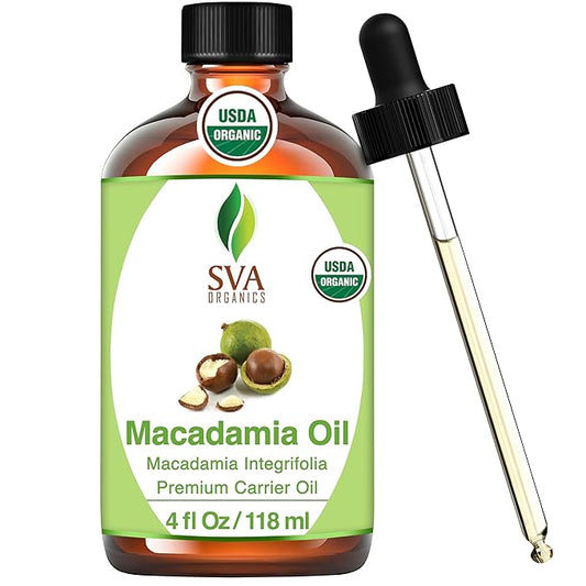 SVA Macadamia Seed Oil Organic - 4 Fl Oz – 100% Natural Cold Pressed Organic Macadamia Oil - for Face, Skin Care, Hair Care, Scalp Massage & Body Massage – Carrier Oil with Dropper