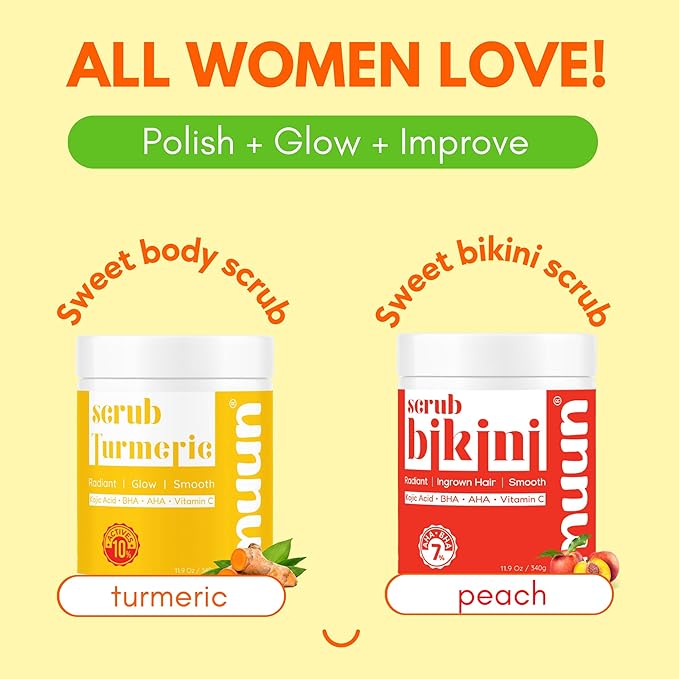 Muun Turmeric Scrub with Kojic Acid AHA/BHA Face &Body - Exfoliator Dark spot Remover- Ingrown Hair Treatment Bikini Area Inner Thighs Armpit Underarm Exfoliating