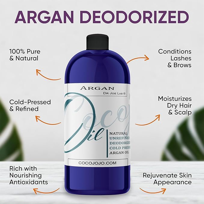 cocojojo Argan Oil Deodorized for Hair Treatment Oils, Pure Argan Oil for Face, Unrefined Unscented Cold Pressed Extra Virgin - 32 Oz - Packaging May Vary