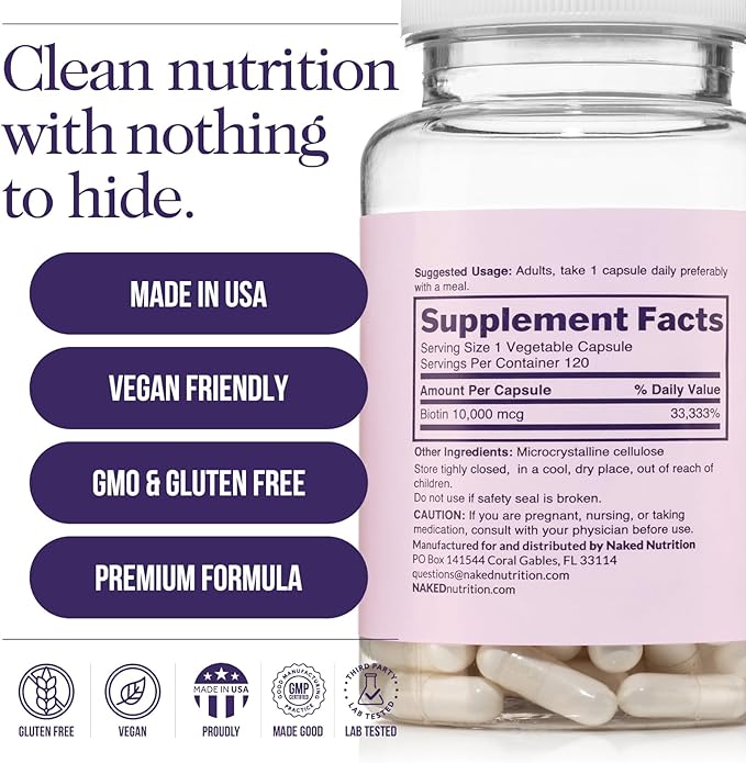 NAKED Biotin 10,000mcg - Max Strength Vitamin B7 Supplement for Healthy Hair, Skin & Nails Support - Non-GMO, Gluten-Free, Vegan - Supports Keratin Production - 120 Capsules