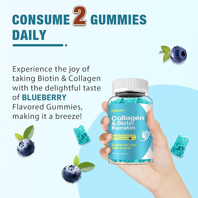 2 Pack Biotin Gummies with Collagen, Keratin, Hyaluronic Acid, Vitamin for Skin, Hair Growth, Nails, Women Men Adults Kids - Blueberry Flavored, 120 Gummies