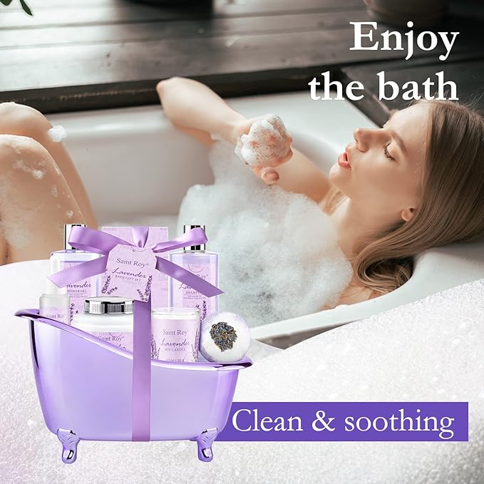 Spa Gift Baskets for Women - Lavender Gifts for Women, Bath Set with Shower Gel, Shampoo, Home Spa Kit Gifts for Her, Christmas, Mothers Day