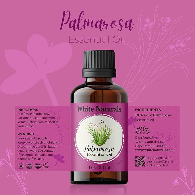 White Naturals Palmarosa Essential Oil – 100% Pure & Natural Palmarosa Oil, Floral & Fresh Aroma, Ideal for Aromatherapy, Skin Care & DIY Beauty, 1oz
