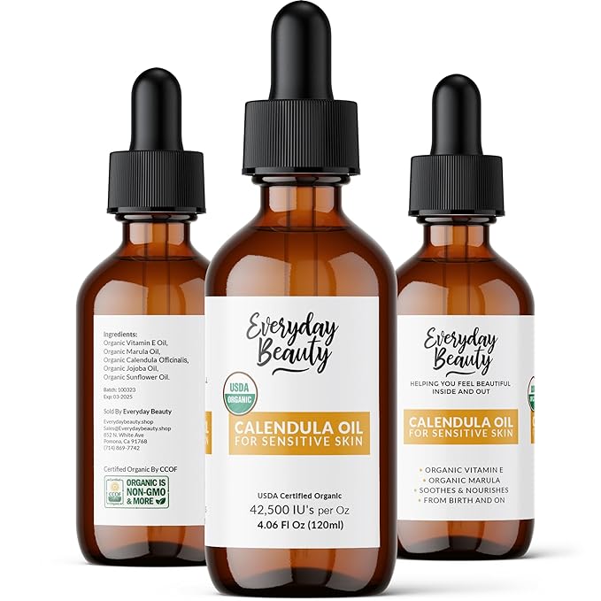 Organic Calendula Oil For Sensitive Skin - USDA Certified 100% Plant Based, Lightweight & Unscented Gentle Soothing Oil For Sensitive Skin - For Face, All Over - Large 4.06 Fl Oz Glass & Dropper
