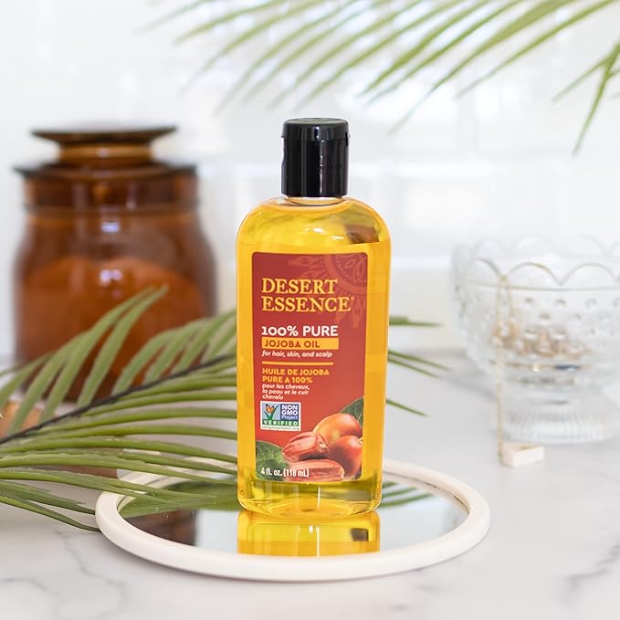 Desert Essence 100% Pure Jojoba Oil – 4 Fl Oz Moisturizer for Hair, Skin & Scalp | Makeup Remover & Aftershave Hydrator, Non-GMO, Vegan, Cold-Pressed, Anti-Flakiness & Non-Clogging Beauty Elixir
