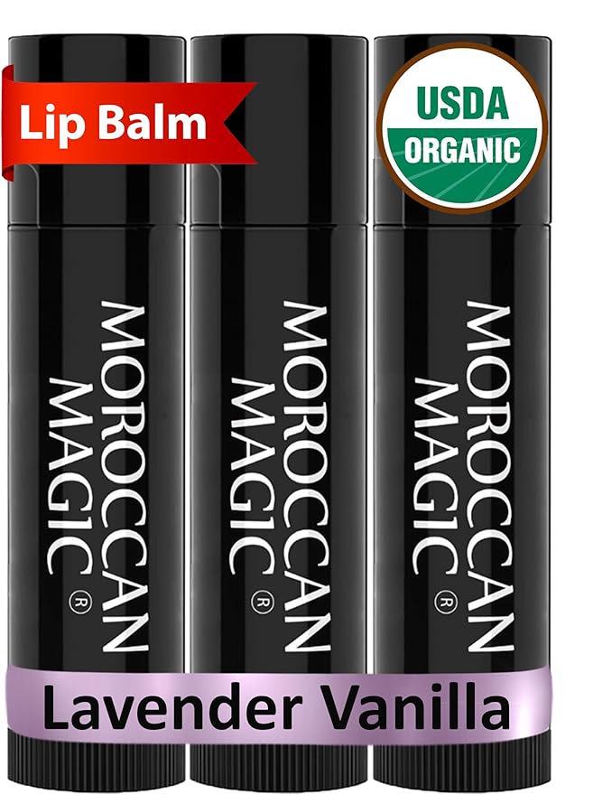 Moroccan Magic Organic Lavender Vanilla Lip Balm 3 Pack | Chapsticks for Dry Lips | Natural Argan & Essential Oils Lip Moisturizer + Vitamin E | Smooth, Hydrating, Non-Toxic | Organic Lip Balm Set