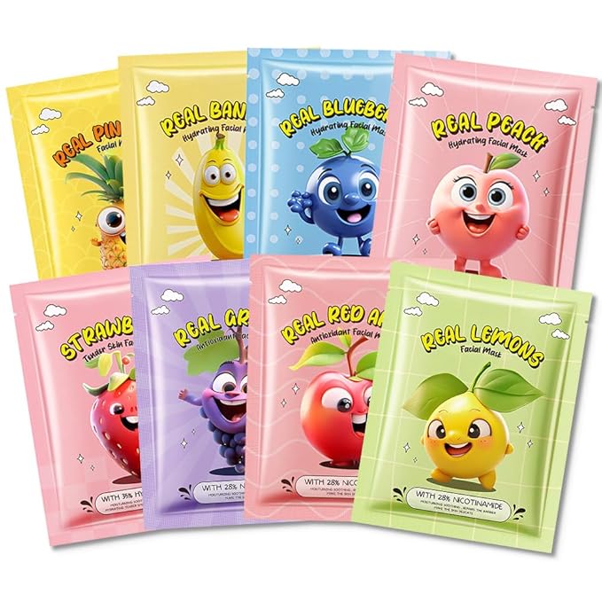 Kaely 8 Pack Fruit Face Masks for Kids, Kids Face Mask Spa Day kit Supplies, Spa Party Favors for Teens Girls Women, Sheet Facial Mask Skincare Gifts Set, Moisturize Soothe for All Skin Types, 01