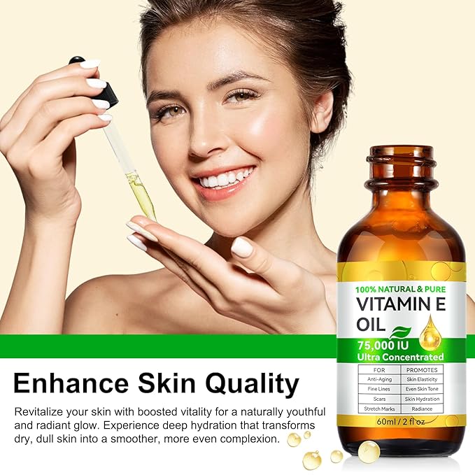 Vitamin E Oil, Body Oil Blend 75,000 IU Boost Skin Collagen, Hydrate and Plump Skin, Reduce Fine Lines and Scars, 2 Fl Oz