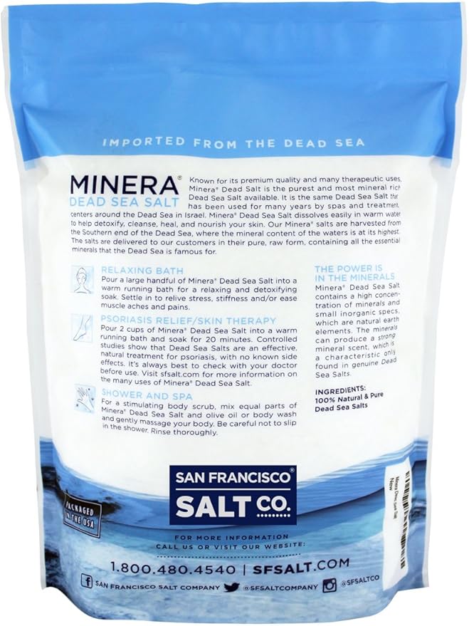Minera Dead Sea Salt, 100% Pure & Natural, 2 lbs. Fine Grain (0-1.7 mm) Bulk Bag, Easily Dissolving Dead Sea Salts for Soaking & Bathing, Skin Nourishing Fine Sea Salt, Unscented