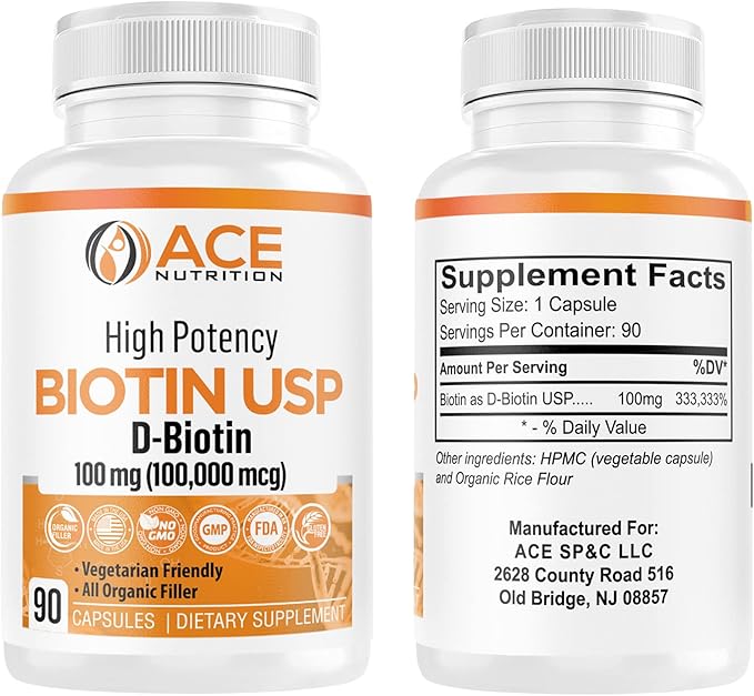 High Potency Biotin USP (D-Biotin 100,000mcg) - Superior Biotin, Organic Rice Flour, Vegetarian Capsules For Hair, Skin, & Myelin Health, Made in the USA (100mg/90 Capsules)