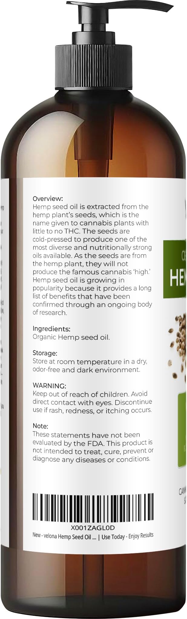 velona Hemp Seed Oil USDA Certified Organic - 16 Fl Oz | 100% Pure and Natural Carrier Oil | Unrefined, Cold Pressed | Hair, Body, Face & Skin Care