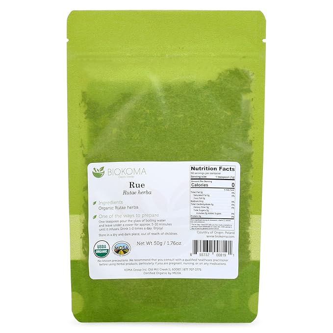 Biokoma Pure and Organic Rue Dried Herb 50g in Resealable Moisture Proof Pouch, USDA Certified Organic - Herbal Tea, No Additives, No Preservatives, No GMO, Kosher