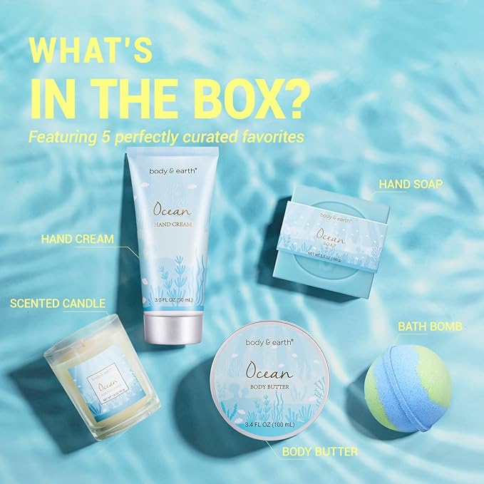 Gifts for Women, Bath and Body Womens Gift Sets with 5 Pcs Ocean Scented Spa Gifts for Women Bath Gift with Scented Candle Body Butter Hand Cream Bath Bomb Mothers Day Gifts