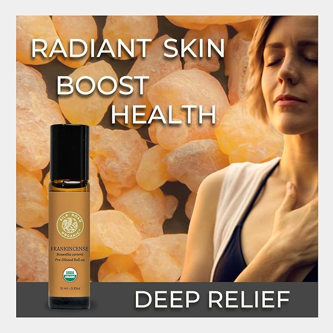 Silk Road Organic Frankincense Carterii Essential Oil Roll On, 100% Pure USDA Certified Aromatherapy for Radiant Skin, Body Aches, Stress Relief, & Calm - 10 ml Roller