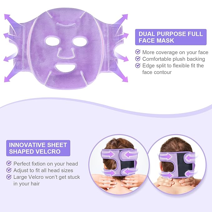 Atsuwell Cooling Ice Face Eye Mask Set for Dark Circles and Scented Lavender Throw Pillow and Flaxseed Fluffy Microwave Heat Pad for Pain Relief, Muscle Ache, Joints, Neck, Back Pain, Purple
