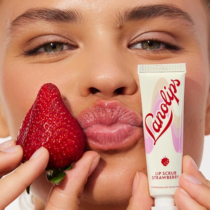 Lanolips Lip Scrub - Natural Lip Exfoliator Made with Lanolin, Vitamin E & Finely Ground Strawberry Seeds - Gentle Sugar Scrub for Healthy, Soft Lips - Strawberry (.35 oz)