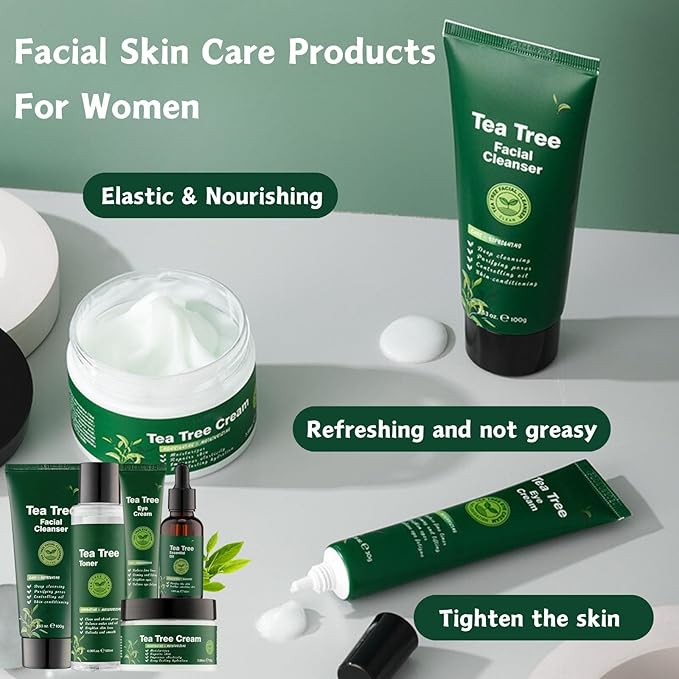 Tea Tree Skincare Set Mother's Day Gifts - 5 Pcs Skin Care Set - Skincare for Girls 10-12 - Skin Care for Teens 10-12 - Gift Set for Women with Cleanser,Toner,Face Cream,Eye Cream,Essential Oil