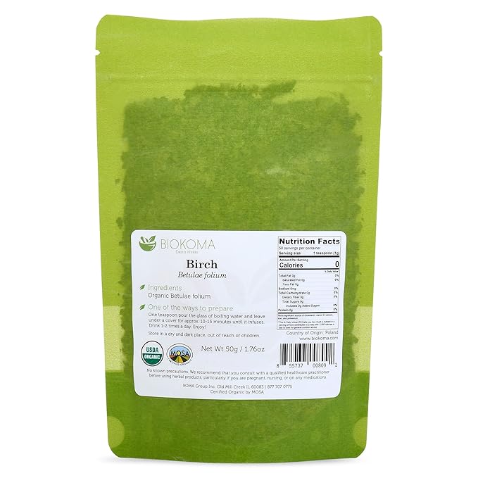 Biokoma Pure and Organic Birch Dried Leaves 50g (1.76oz) Detox Digestion Immunity Boost Resealable Moisture Proof Pouch USDA Certified Organic Herbal Tea No Additives No Preservatives No GMO Kosher