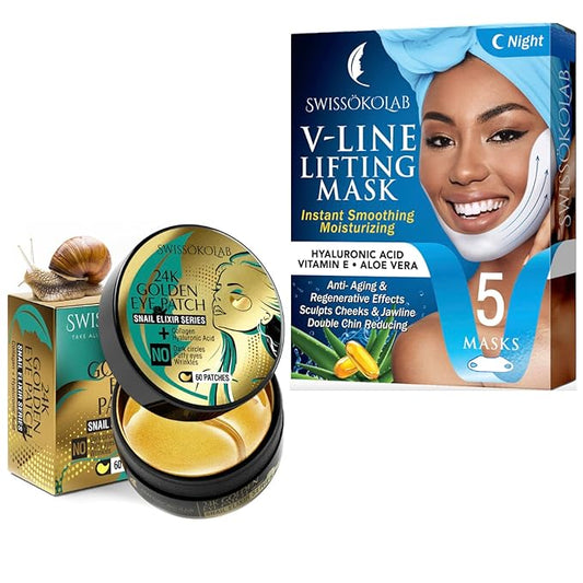 SWISSÖKOLAB Double Chin Reducer V Line Lifting Mask + Under Eye Patches For Puffy Eyes 24k Gold Eye Mask For Dark Circles