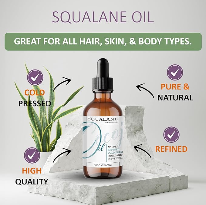 Dr Joe Lab Squalane Oil Pure Plant Derived Refined Cold Pressed From Olives Vegan Undiluted Carrier Oil for Face Skin Hair Body Cosmetics Natural Cleanser Moisturizer (4 oz Glass & Dropper)