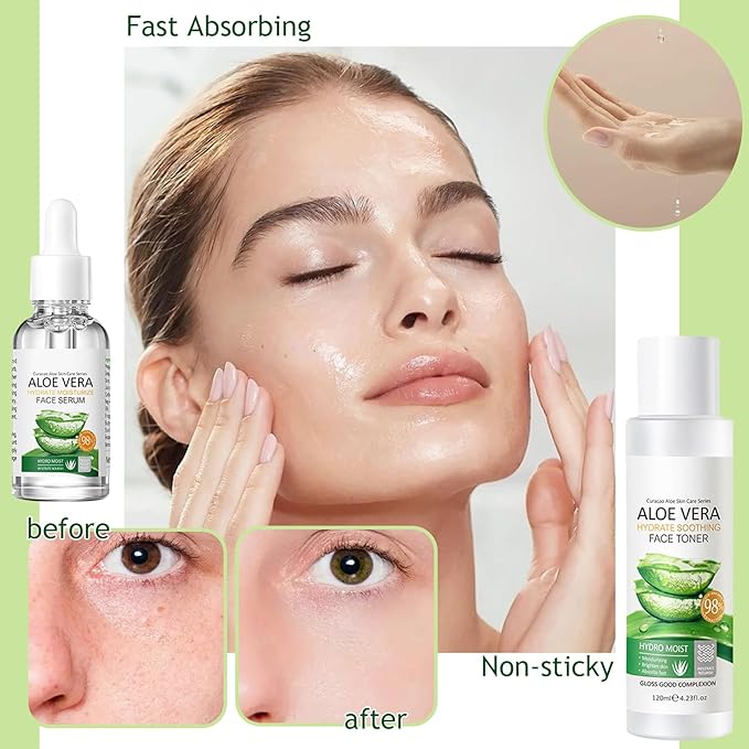 Aloe Vera Skincare Set,Hydrating Travel Size Face Wash,Moisturizing Face Toner & Face Serum & Face Cream,Eye Cream Skin Care Gift Set for Women(9PCS)