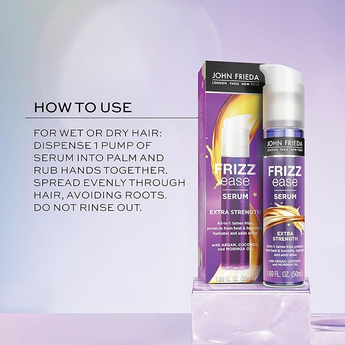 John Frieda Frizz Ease Extra Strength Hair Serum, Instantly Smooths for Healthy, Hydrated, Frizz-Free Hair, for Thick and Coarse Hair, with Argan, Coconut, and Moringa Oil for Heat Protection, 1.69 Oz