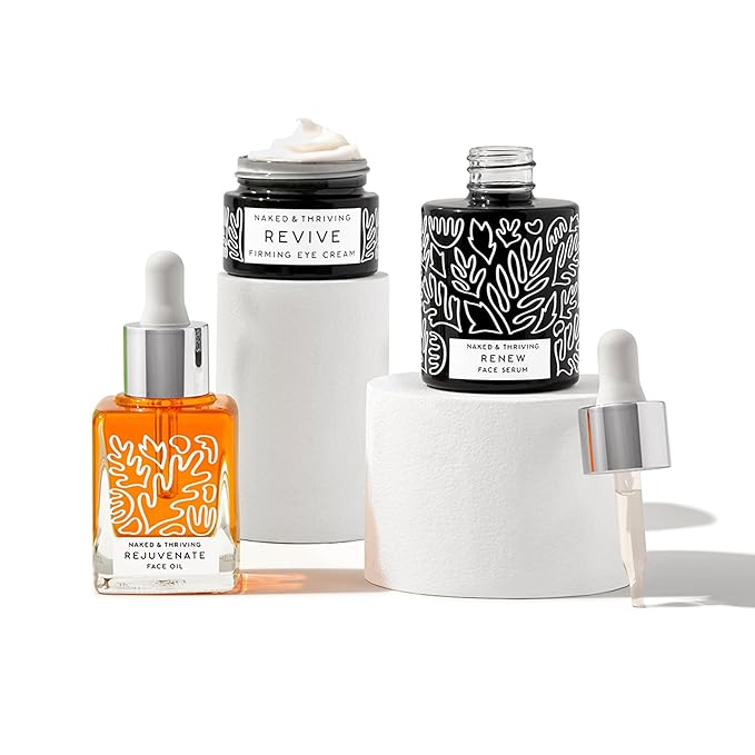 Naked & Thriving Restorative Night Routine | Renew Night Serum (30 mL) + Revive Eye Cream (15 mL) + Rejuvenate Face Oil (35 mL) with Peptides, Squalane, Hyaluronic Acid, and Fruit AHAs (Set of 3)