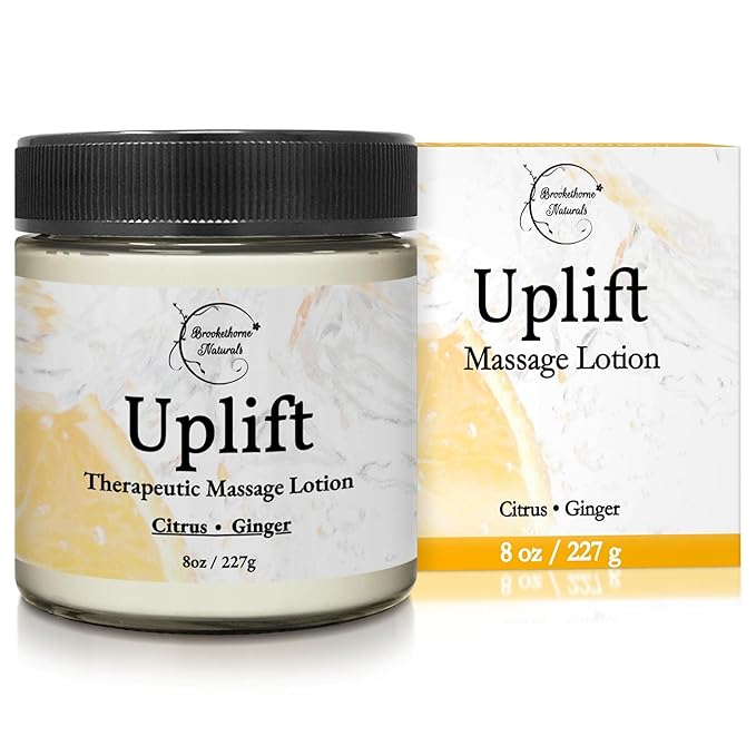 Uplift Massage Lotion for Massage Therapy & Home Use. Moisturizing Cream for Effortless Glide. Shea Butter, Coconut Oil, Aloe Vera & Ginger Citrus Essential Oils - Brookethorne Naturals