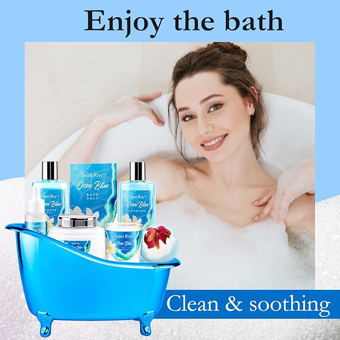 Mother's Day Gifts Spa kit Gifts for Her or Him Birthday Gifts for Women, Luxury Home Spa Kit, 8pcs Bath Gift Set Ocean & Vanilla, Gift Baskets for Women Unique with Bath Bombs, Scented Body Lotion