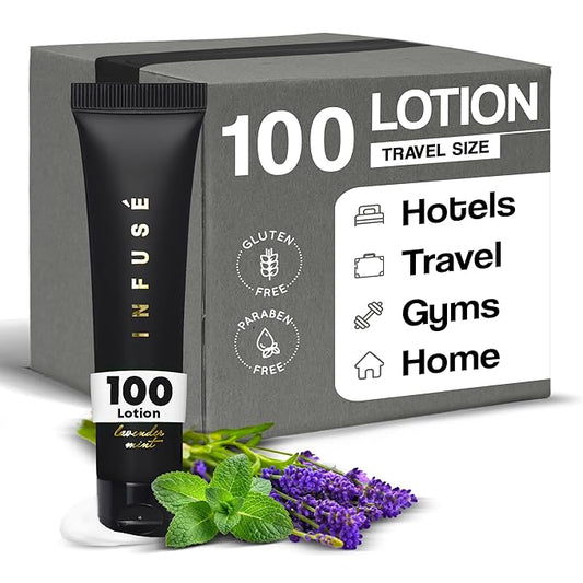 Infuse Black Hotel Toiletries Bulk | 1 oz Lotion Travel Size | For Hotels, Vacation Rentals, Gym, Luxury, Airport | Case of 100