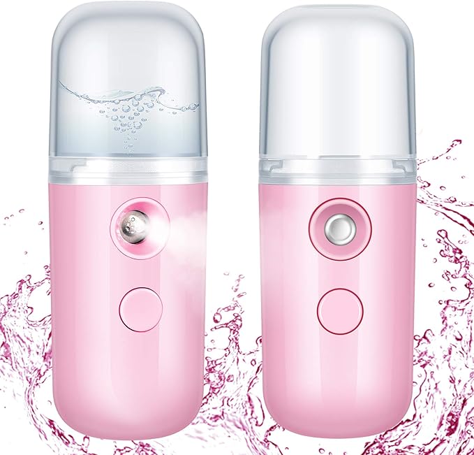 Honoson 2 Pieces Nano Facial Mister 30 ml Mini Face Humidifier Portable Facial Sprayer USB Rechargeable Handy Skin Care Machine for Face Hydrating, Daily Makeup (Pink)