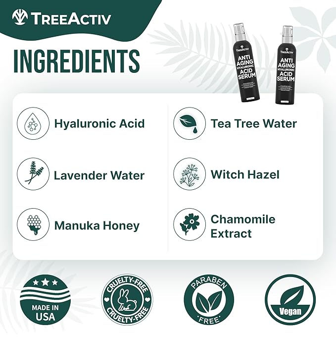 Anti-Aging Hyaluronic Acid Serum for Face 2 oz, Hydrating Wrinkle Repair for Skin Care, Pure Hyaluronic Acid Face Serum for Women, Oil-Free Anti-Aging for Advanced Skin Repair TreeActiv