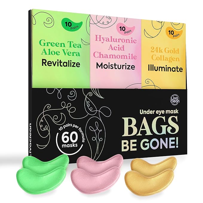 LivaClean 24k Gold Under Eye Patches (30 Pairs), Eye Mask, Collagen Skin Care Products, Eye Patches for Puffy Eyes, Eye Masks for Dark Circles and Puffiness